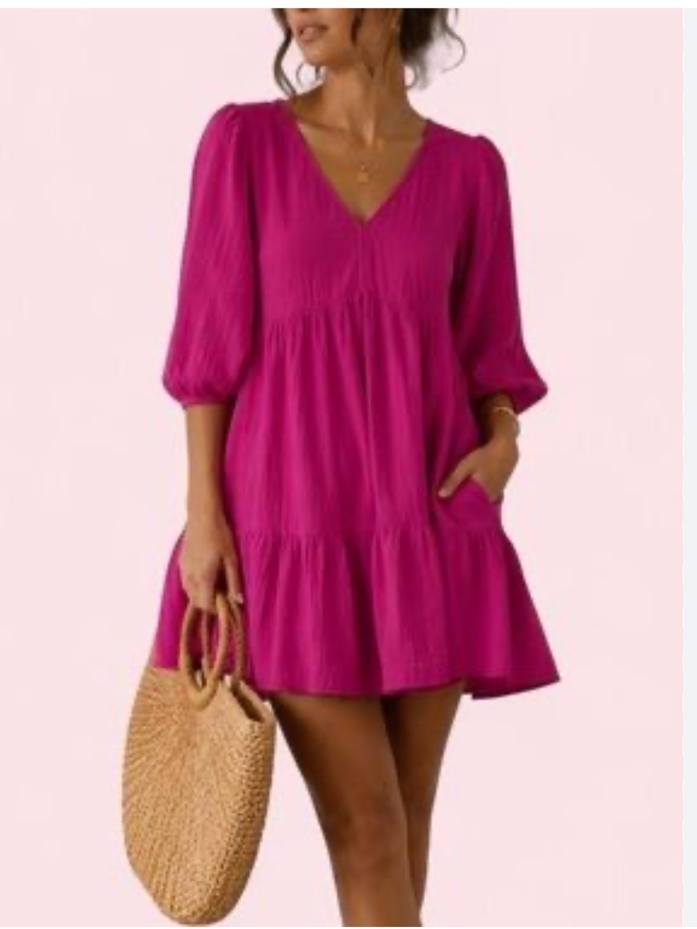 GAP Fuchsia Long Sleeve V-Neck Tiered Mini Dress